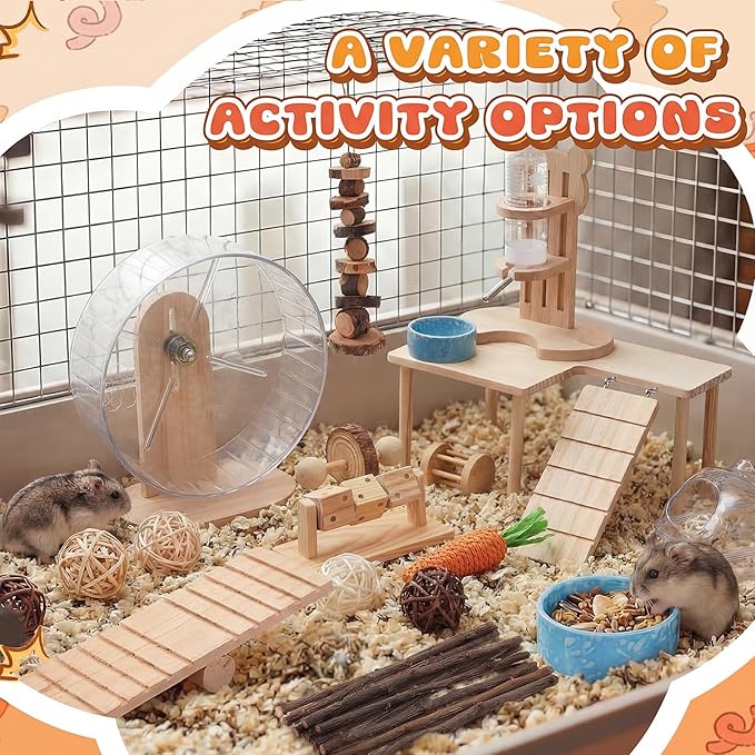 40 Pcs Hamster Cage Accessories, 9.5'' Exercise Wheel, Wood Platform Hideout House, Water Bottle, Sand Bath, Bowl, Chew Toys for Syrian Hamsters Mice Gerbils Habitat Decor(Interactive Style)