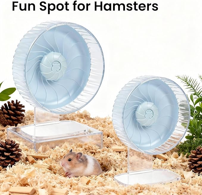 Silent Hamster Wheel, 8in Hamster Wheel with Adjustable Stand, Double-Bearing Quiet Spinner for Syrian Hamsters, Hedgehogs, Mice & Small Pets, Blue