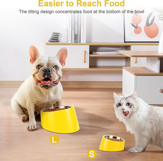 Tilted Dog Bowl Non-Slip & Non-Spill Pet Feeder with Elevated Detachable Melamine Stand, Easy to Get Food Dog Dish, S/100ml Yellow