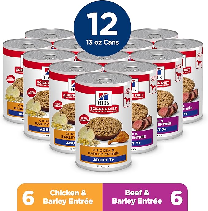 Hill's Science Diet Adult 7+, Senior Adult 7+ Premium Nutrition, Wet Dog Food, Variety Pack: Chicken & Barley; Beef & Barley Loaf, 13 oz Can Variety Pack, Case of 12