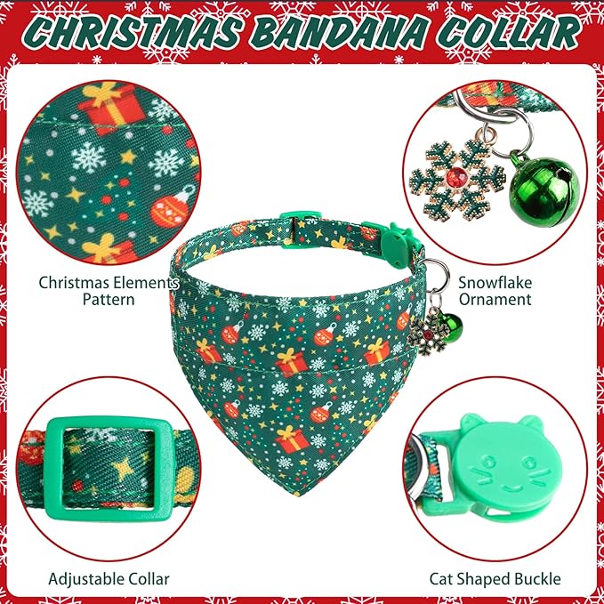 EXPAWLORER Christmas Cat Collar Breakaway with Removable Bowtie and Bandana, Adjustable Holiday Cute Kitten Collar with Bell, Ideal Festival Xmas Decoration Gift for Girl Boy Cats Puppies, 2 Pack