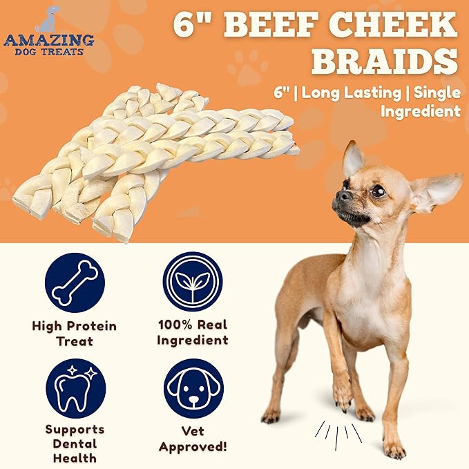 Amazing Dog Treats - Beef Cheek Braids Dog Chew (6 Inch - 50 Count) - NO Odor - Rawhide Alternative - Beef Cheek Slice Chip Sticks - No Dyes, Chemicals, or Preservatives