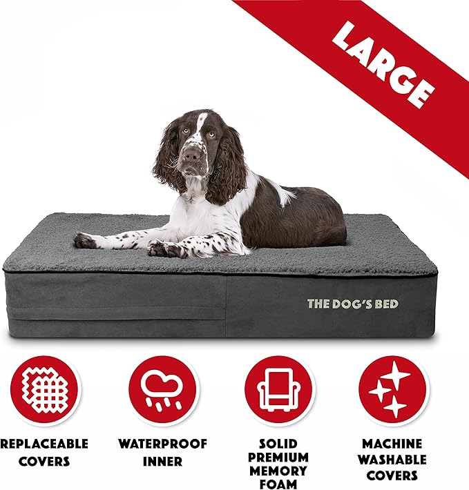 The Dog’s Bed Orthopedic Memory Foam Dog Bed for Large Dogs, Waterproof Washable Cover, Anti-Slip Base, Calming Surface – CertiPUR-Certified Foam, Grey Plush, 6 Inch Thick