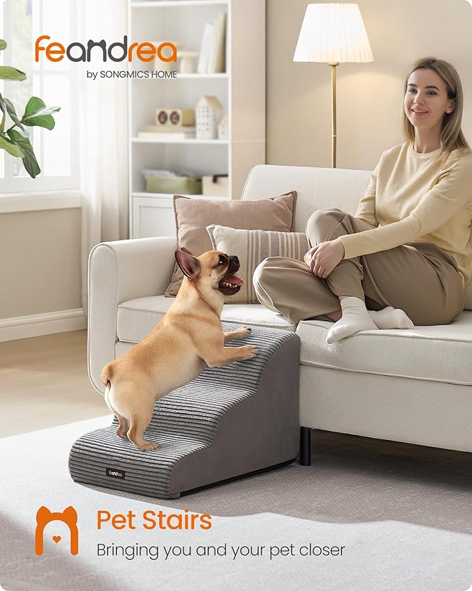 Feandrea 3-Step Dog Stairs, Dog Steps for Bed, Sofa, Waterproof Pet Stairs with Anti-Slip Designs, Gentle Slope, Removable Washable Cover, Handle, Dove Gray UPPS003G01