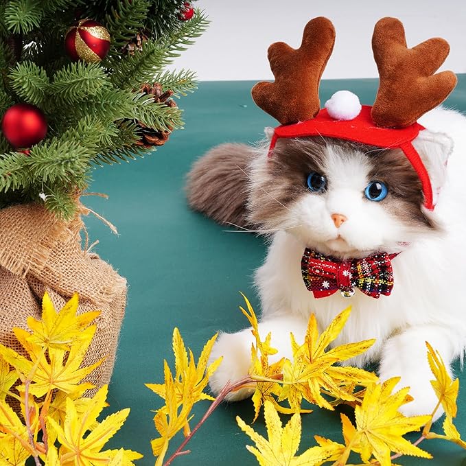 Cat Christmas Costume Reindeer Headband and Collar for Small Cat Dog Christmas Halloween Party Cosplay Supplies (Red Christmas)