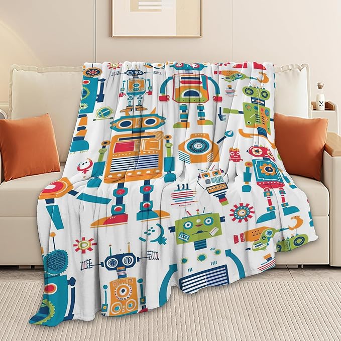 Robot Throw Blanket Cartoon Robot Machine Gifts for Kids Teens Girls Boys Adults Soft Cozy Warm Plush Fluffy Fuzzy Fleece Blanket Birthday Festival Decor 60''X80''