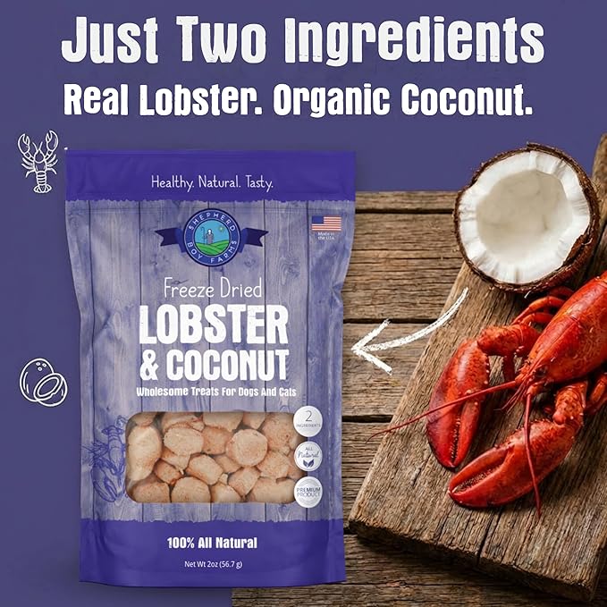 Shepherd Boy Farms Freeze Dried Dog and Cat Treats, Lobster & Coconut, All Natural Freeze-Dried Dog Treat & Snacks, Made in USA, Two Ingredients, High in Protein, 2oz
