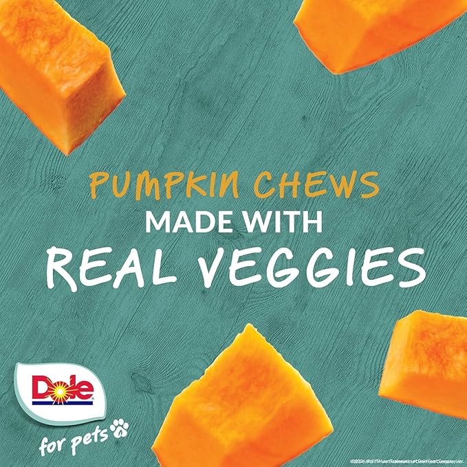 Dole for Pets Freshly Fetched Lasting Chew Pumpkin Flavor Dog Treats, Medium and Large Breeds, No Wheat, Corn, Soy, Artificial Flavors, Colors, or Animal Products, 8 Ounces, 5 Chews - 6 Pack