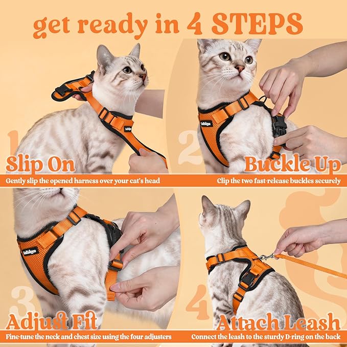 rabbitgoo Cat Harness and Leash for Walking, Escape Proof Soft Adjustable Vest Harnesses for Cats, Easy Control Breathable Reflective Strips Jacket, Orange, S