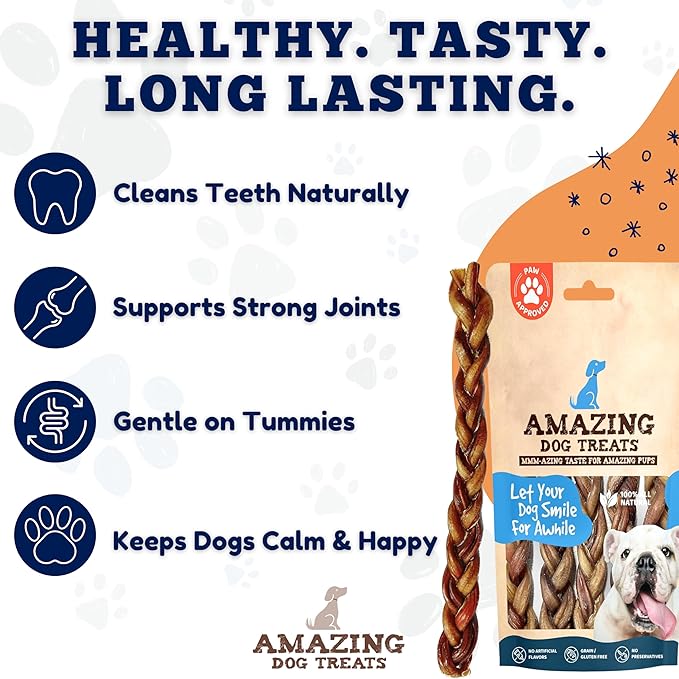 Amazing Dog Treats 12" Braided Bully Stick (5 Pcs/Pack) Bully Stick for Dogs - Made from Premium Grass Fed Beef