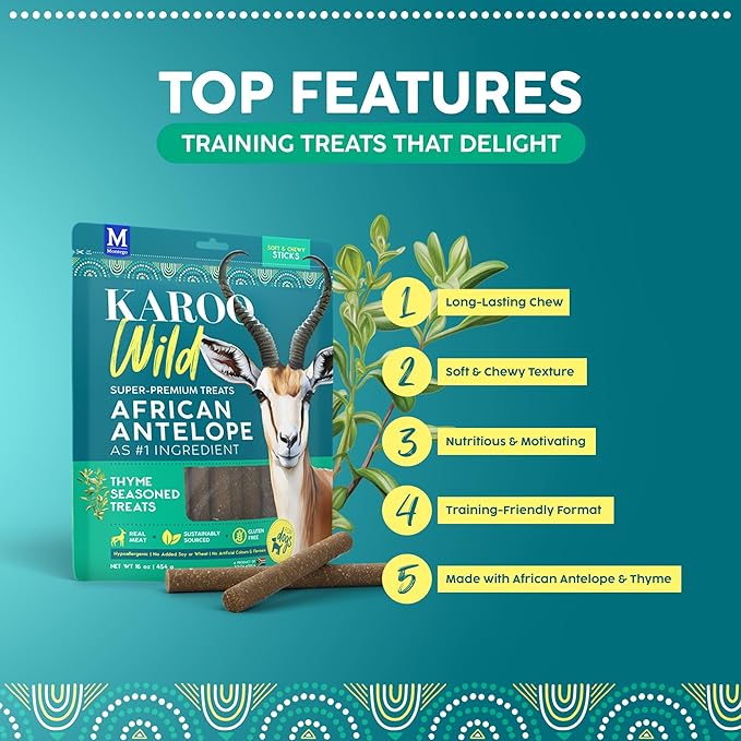 Karoo Wild Sticks Thyme Seasoned Treats for Dogs – 16 oz – Soft & Chewy Protein Sticks Made with African Antelope – Ideal for Training & Rewarding