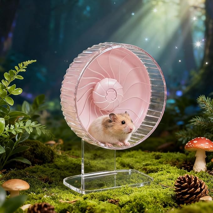 Silent Hamster Wheel, 8in Hamster Wheel with Adjustable Stand, Double-Bearing Quiet Spinner for Syrian Hamsters, Hedgehogs, Mice & Small Pets, Pink