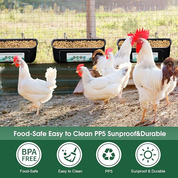 PIREKZUNT 3 Pack Chicken Duck Feeder, Poultry Feeders and Waterers, Hanging Goat Feeder, Livestock Feeding Container, Feed Trough and Waterer Bucket with Clips(Black)