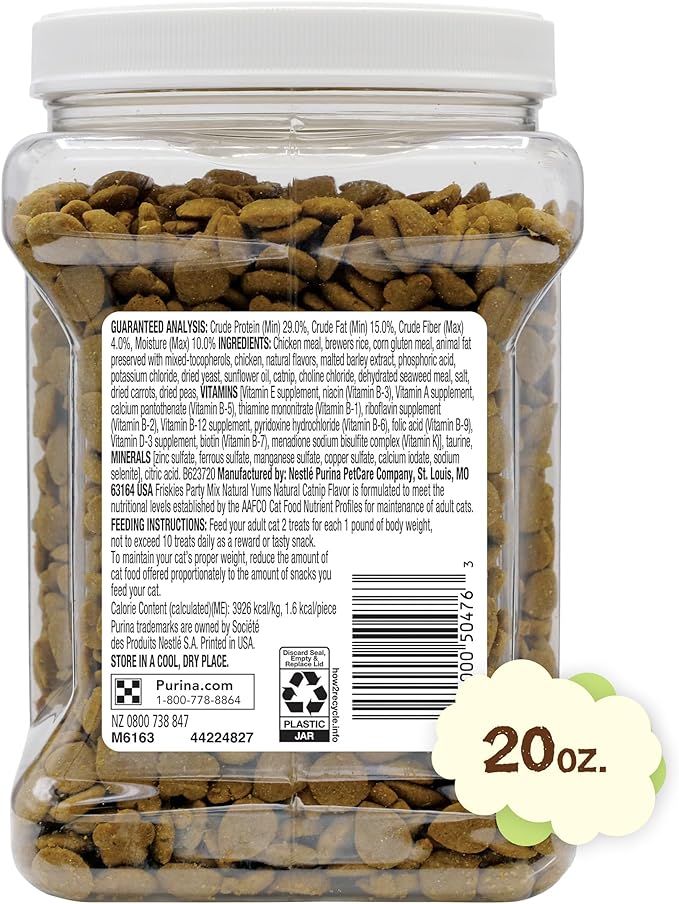 Friskies Purina Made in USA Facilities,Natural Cat Treats,Party Mix Natural YUMS Catnip Flavor - 20 Ounce,(Pack of 2)
