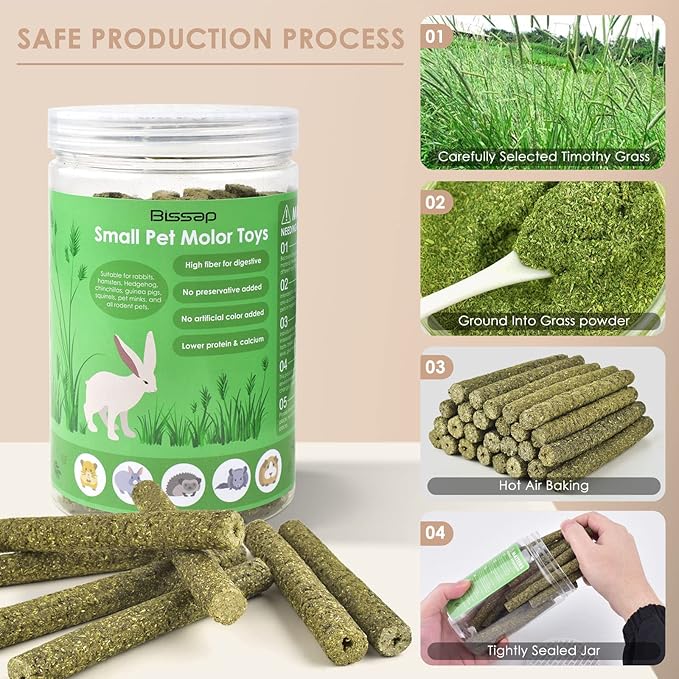 Bissap Rabbit Chew Sticks, Bunny Molar Timothy Hay Treats Bamboo Sticks for Small Animals Hamsters Chinchillas Guinea Pigs Squirrels Natural Teeth Grinding Chewing Toys
