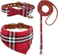 3PCS Bow Tie Dog Collar and Leash Set Plaid/Camo/Dots/Flower Dog Bandanas with Bell 3 Size Adjustable for Small Dogs Puppies and Cats (XS, Red Plaid 2)