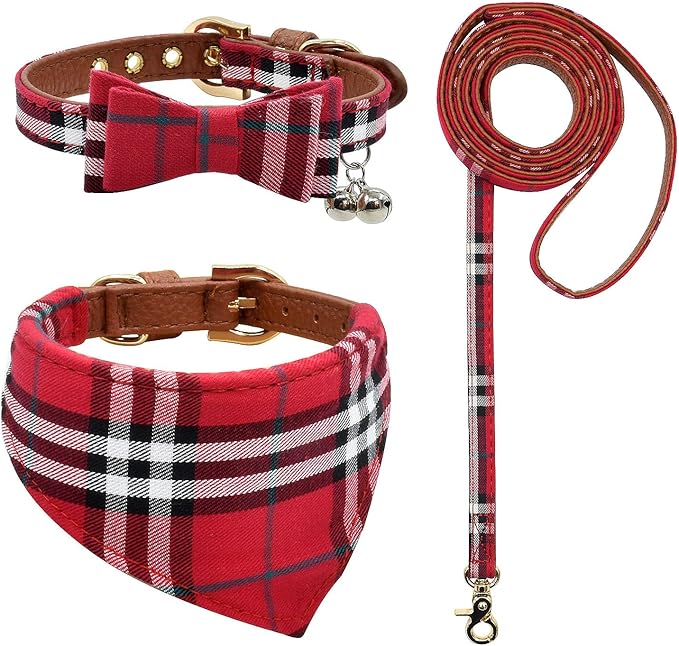 3PCS Bow Tie Dog Collar and Leash Set Plaid/Camo/Dots/Flower Dog Bandanas with Bell 3 Size Adjustable for Small Dogs Puppies and Cats (XS, Red Plaid 2)