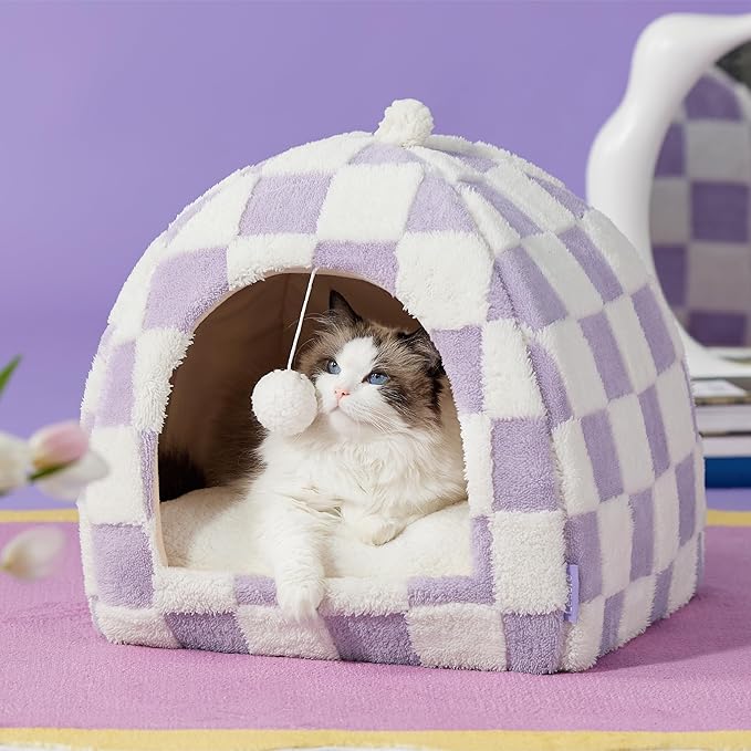Lesure Cute Cat Beds for Indoor Cats - 2 in 1 Large Cat Cave Bed with Removable Washable Cushioned Pillow, Cozy Kitten with Non-Slip Bottom, Purple, 17.3 inches