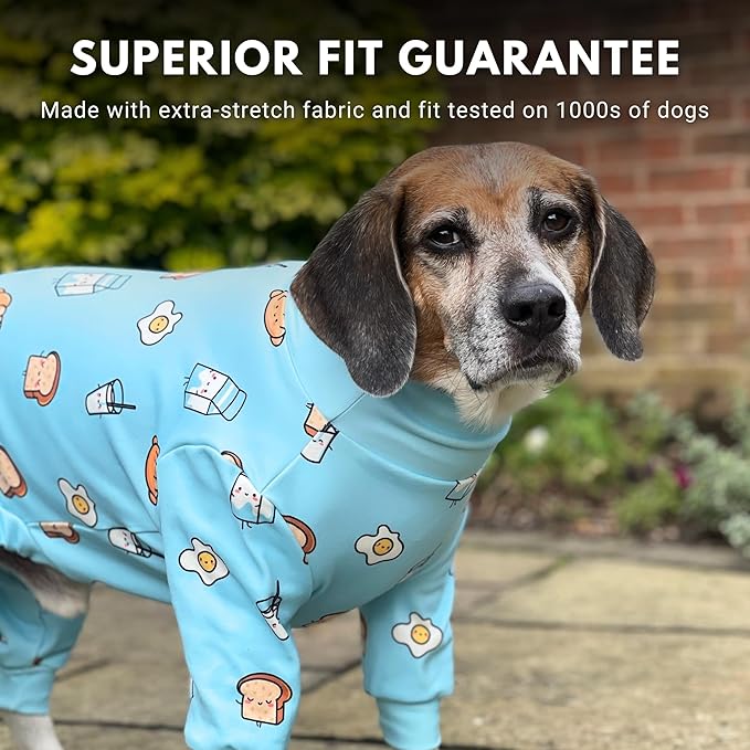Spark Paws Dog Pajama, Dog Recovery Suit Male, Onesie, Ultra-Soft and 4-Way Stretch, for Small Medium and Large Breeds - Breakfast Blue - S