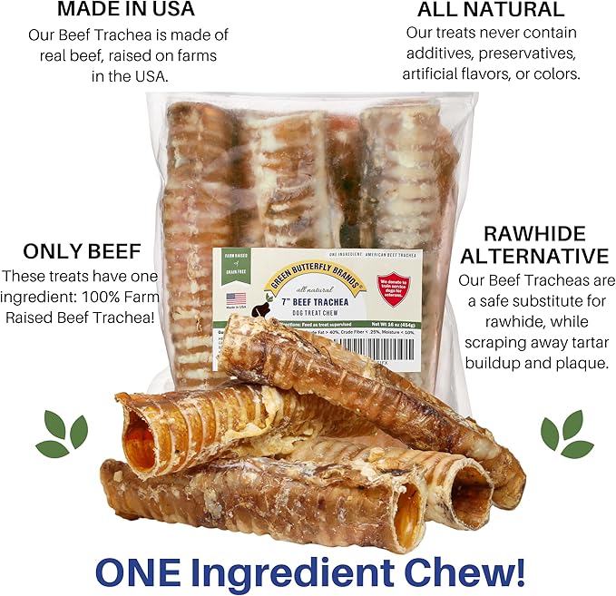 Dog Chews – Beef Trachea Dog Treat Chew Made in USA. Grass Fed Farm-Raised American Beef. Glucosamine Rich for Healthy Joints. All Natural Dental Chew (7" 16 OZ)