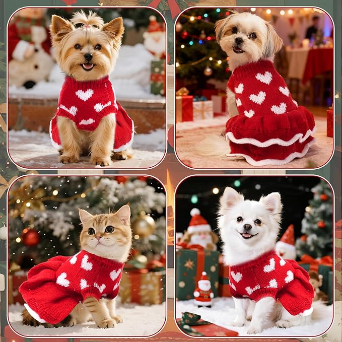 Dog Sweaters Heart Knitted Sweaters Dress Winter Coat Puppy Warm Holiday Clothes for Medium Dogs Cats Christmas New Year Valentine's Day （Medium, Red）