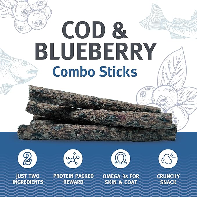 Icelandic+ Combo Sticks: Cod & Blueberry - 2oz - Dog Treats, Crunchy 2 Ingredient Pet Snacks, Preservative Free, Wild Caught Fish, Slow Baked, Natural (Pack of 2)