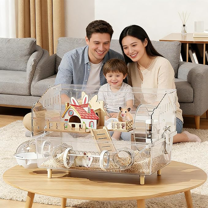 9-in-1 Acrylic Hamster Cage - Clear Pet Cage with 360° Transparent Viewing, Double Layer Chew-Proof Mice Enclosure with Crawling Tunnel for Dwarf Syrian Gerbils, 18 * 13 * 12in (Pink Cottage)