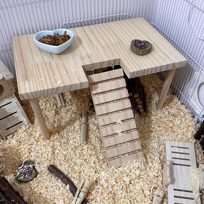 Large Hamster Platform with Ladder Wooden Syrian Hamsters Standing Platforms with Legs Set Wood Gerbils Climbing Bridge Toy Cage Accessories