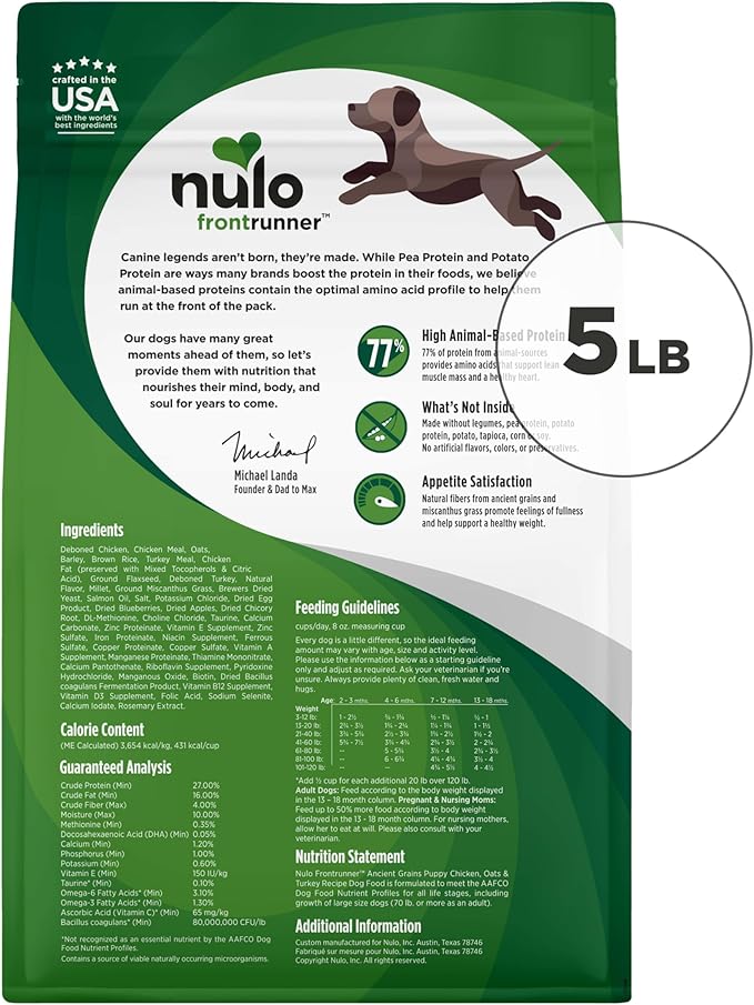 Nulo Frontrunner Puppy Food - High-Protein Chicken, Oats & Turkey Recipe Kibble, Natural Dry Dog Food with DHA, Ancient Grains, Probiotics, Taurine, Omega 3 for Small, Medium & Large Breeds, 25lb Bag