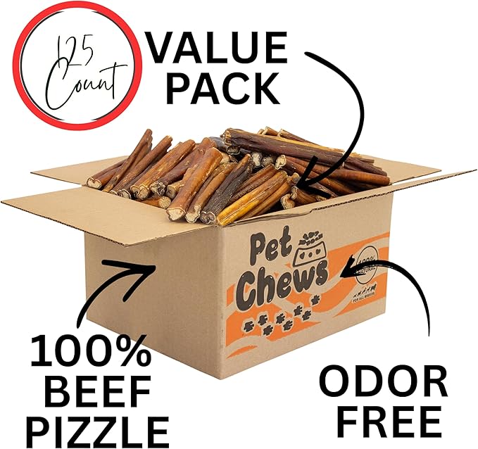 PET CHEWS™ 7.5lb Bulk Box (125 Count) Thick Bully Sticks 6 Inch - 100% Natural Beef Pizzle Dog Treats - Long Lasting, Odor-Free & Fully Digestible - High-Protein Chews for All Breeds.
