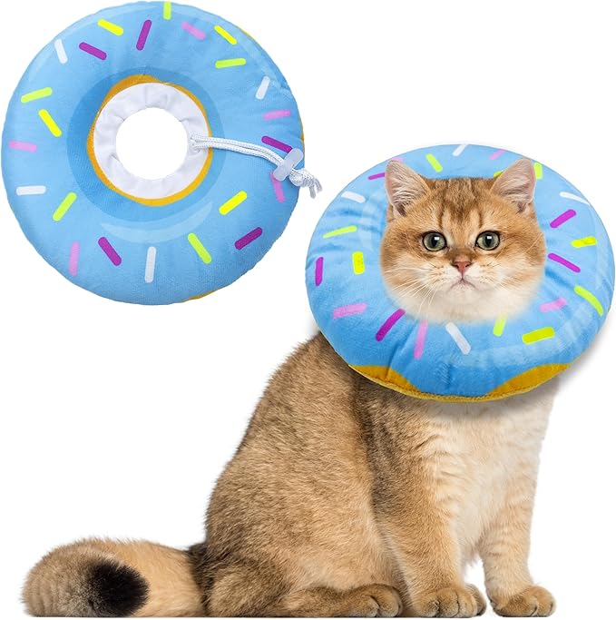 Seyezo Cat Cone Collar Soft, Adjustable Cat Recovery Collars Kitten Cones to Stop Licking, Cute Donut E Collar After Surgery, Anti-Lick Wound Healing Elizabethan Collar for Kittens(Donut Blue, Medium)