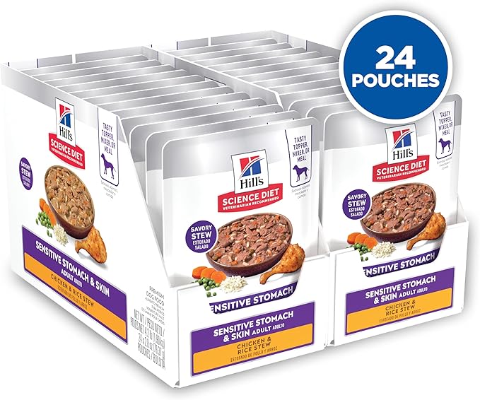 Hill's Science Diet Sensitive Stomach & Skin, Adult 1-6, Stomach & Skin Sensitivity Support, Wet Dog Food, Chicken & Rice Stew, 2.8 oz Pouch, Case of 24
