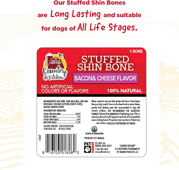 Country Kitchen Stuffed Shin Bone Bacon and Cheese Flavor Dog Treat, 100% Natural, Long Lasting, 1 Large Bone 5-6 inches