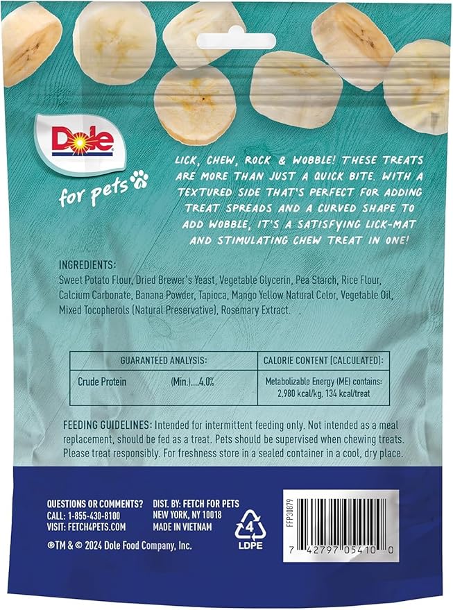 Dole for Pets Freshly Fetched Lasting Chew Banana Flavor Dog Treats, Medium and Large Breeds, No Wheat, Corn, Soy, Artificial Flavors, Colors, or Animal Products, 8 oz, 5 Chews - 6 Pack