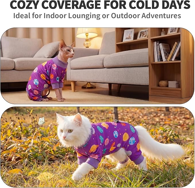 Sticky Hair Cat Clothes, Anti-Shedding Cat Pajamas, Post-Surgery Recovery Onesie, Soft Breathable, Prevents Licking & Scratching Wounds, Warm Cats Sweater, Sphynx Cats Clothing- Purple XL
