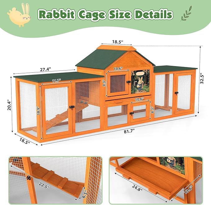 COZIWOW 83” Extra Large Wooden Rabbit Hutch Outdoor Easy to Assemble and Durable Rabbit Cage Bunny Hutch Indoor with Cleaning Tray & Waterproof Roof for Small and Medium Bunny Rabbit Chick (Orange)