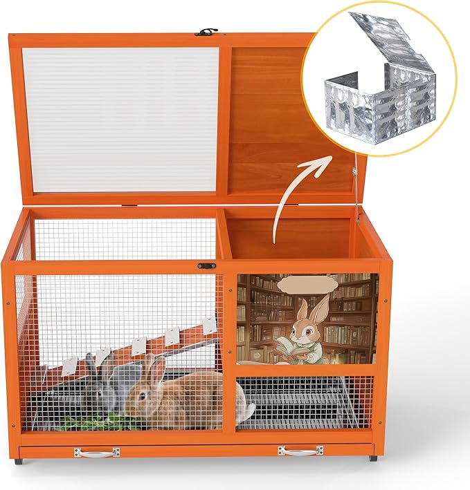 COZIWOW 36.5-Inch Double-Decker Wooden Insulated Rabbit Hutch with Wheels, Heated Rabbit Cage Featuring A Cleaning Tray and Ladder—Stylish&Easy to Assemble（Orange and Warm）