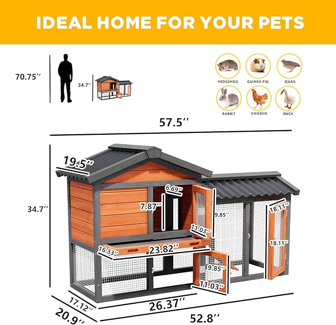 Chicken Coop, Chicken Run,Small Wooden Duck Coop Outdoor 2-Tier Hen House All Weather Used Poultry Quail Cage Rabbit Pet Hutch House with Ramp for Small Animals (Brown)