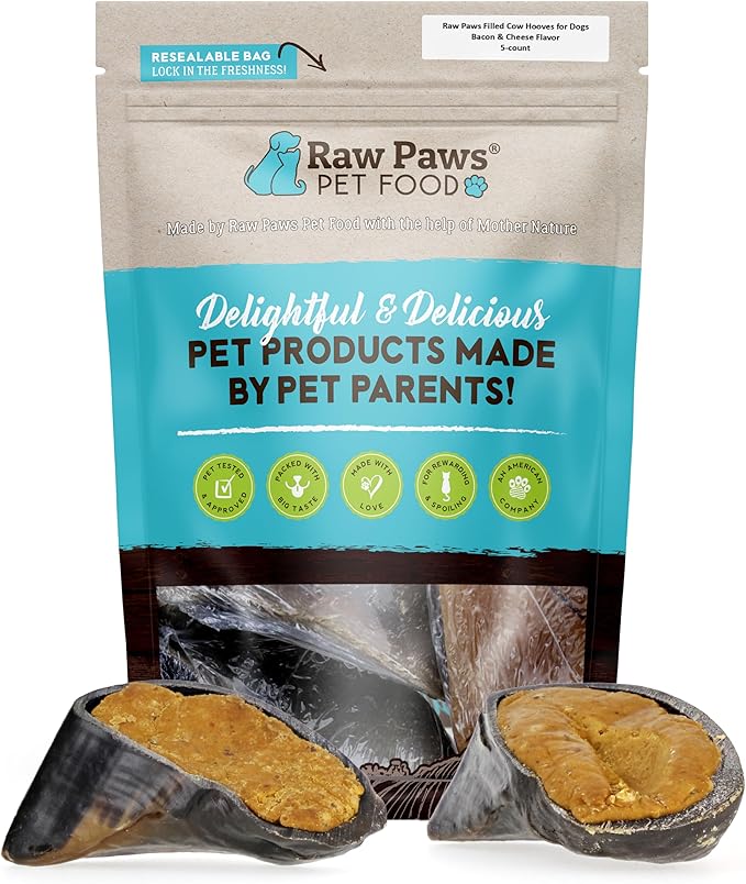Raw Paws Filled Cow Hooves for Dogs - Bacon & Cheddar Flavor, (5-Count) Free Range Cow Hooves Stuffed Cheese Chew - Stuffed Hoof Dog Chews Treats - Cheese Dog Treats, Bacon Chew