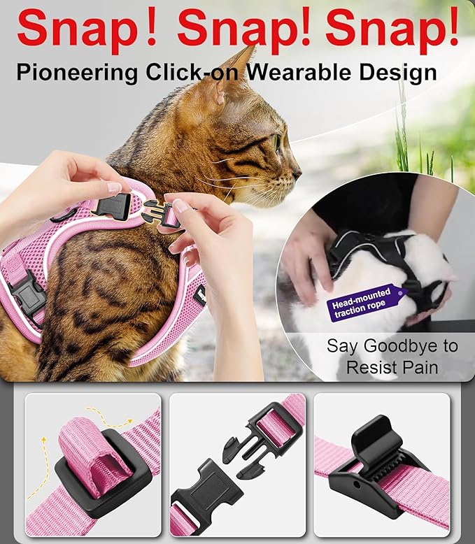 Cat Harness and Leash for Walking Escape Proof Soft Adjustable Cat Leash Breathable Comfortable Vest Easy to Wear Kitten Harness for Outdoor Travel (Pink, S (7-12lb))