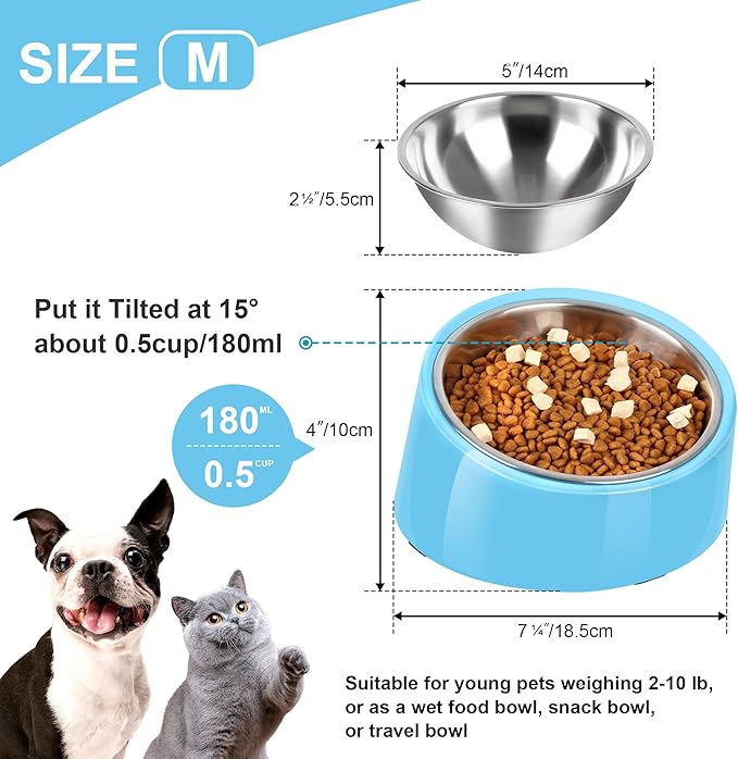 Tilted Dog Bowl Non-Slip & Non-Spill Pet Feeder with Elevated Detachable Melamine Stand, Easy to Get Food Dog Dish, M/180ml Sky Blue