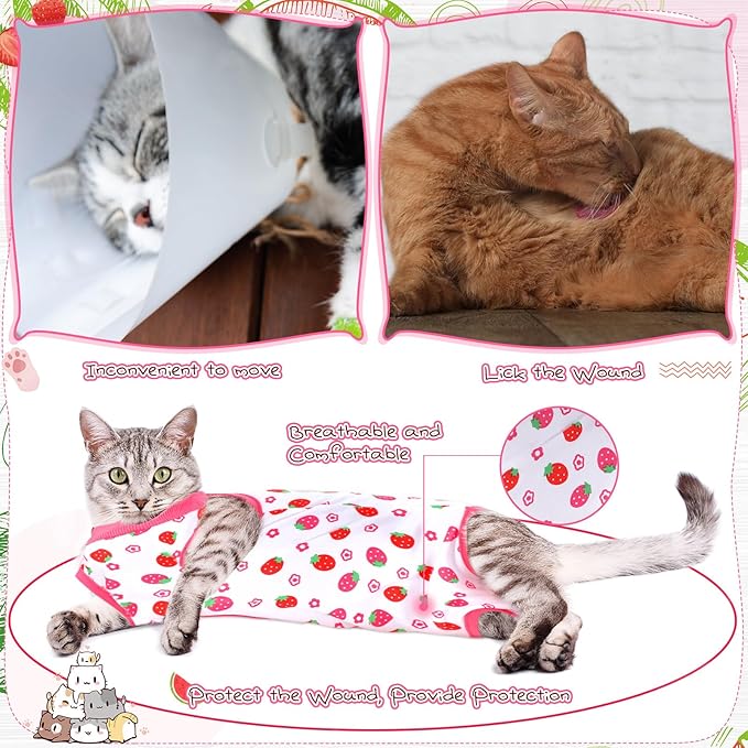 Nuanchu 3 Pieces Cat Recovery Suit Kitten Recovery Suit E-Collar Alternative for Cats and Dogs Abdominal Skin Anti Licking Pajama Clothes Sets(Medium,Strawberry Style,Colorful)