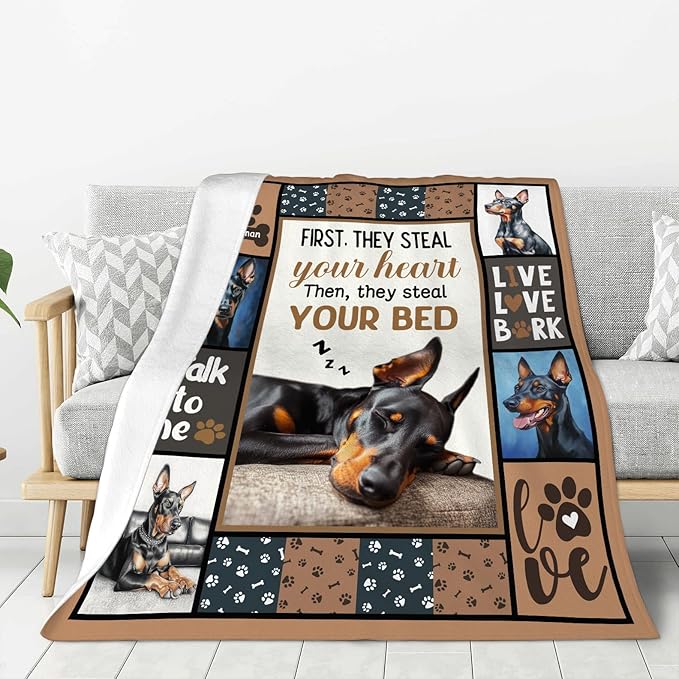 Doberman Gifts Blanket, Dog Throw Blankets, Doberman Gift for Women Boys Girls Men Lover Adult Cozy Fleece Flannel Bedding Stuff Animal Plush for Couch Sofa Bed Decor 50"X40"