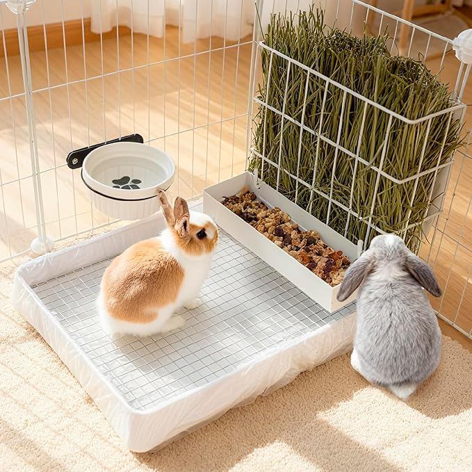 BESNEW 3 in 1 Rabbit Hay Feeder with Litter Box,Upgraded Metal Hay Rack & Litter Tray & Water Bowl,Quick Cleaning,Easy to Install,Bunny Supplies for Rabbit Guinea Pig Chinchilla Small Animals