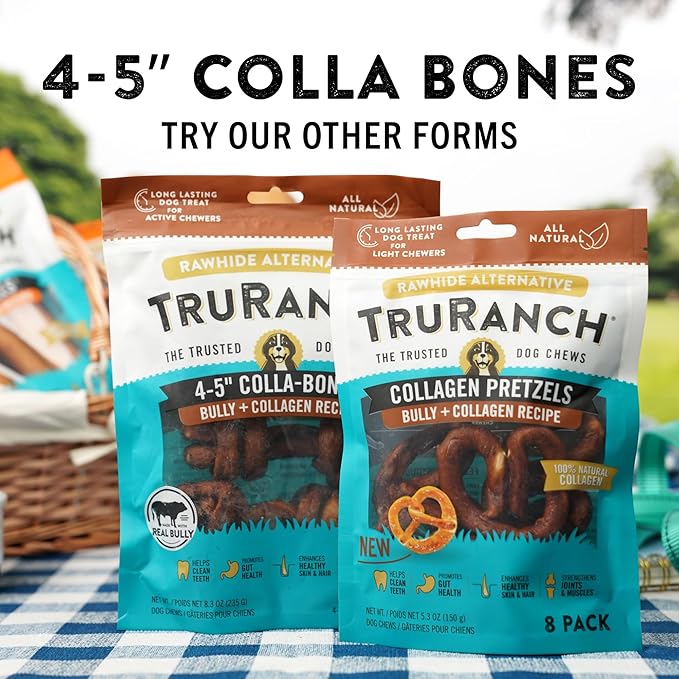 TRURANCH 4-5" Collagen Bones, Bully - Collagen Dog Bones - Long Lasting Healthy Joint Support - Rawhide Alternative - Skin & Coat Health, Value Pack, 15 Bags, 60 Count