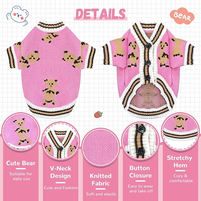 Small Dog Sweaters Cute Bear Dog Cardigans Clothes for Small Medium Dogs Boy Girl Puppy Cat Knitting Cardigan Outfits Dogs Winter Coats Warm Pet Doggy Clothes Soft Knitwear (Pink, Small)