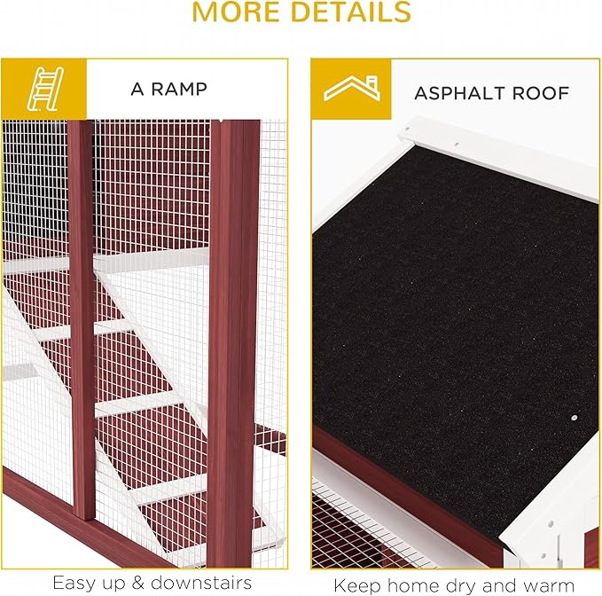 PawHut 49" Wooden Rabbit Hutch Bunny Cage with Waterproof Asphalt Roof, Fun Outdoor Run, Removable Tray and Ramp, for Rabbits, Chickens, Ducks, Brown
