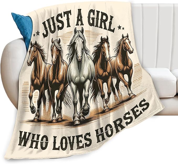SweetFox Just A Girl Who Loves Horses Blanket, Horse Decor Throw Blanket Gifts for Girls Boys Lovers Super Warm Soft Plush Fleece Flannel Winter Bedding Blankets for Kids Adults Men Women 50"X40"
