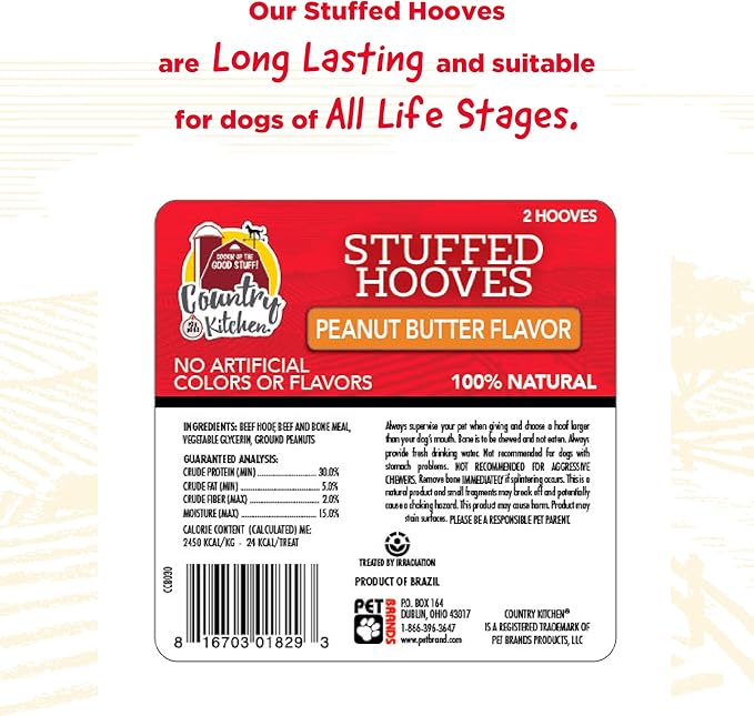 Country Kitchen Stuffed Beef Hoof Peanut Butter Flavor Dog Treat, 100% Natural, Long Lasting, 4 Pack