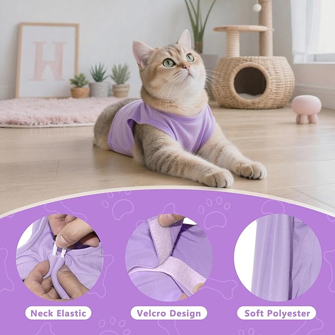 Cat Recovery Suit Anti Licking, Cat Surgery Recovery Suit Female Cats Kitten Onesie After Spay, Cone of Shame Alternative, Post- surgery Kitten Surgical Clothes for Abdominal Wounds,Purple,M